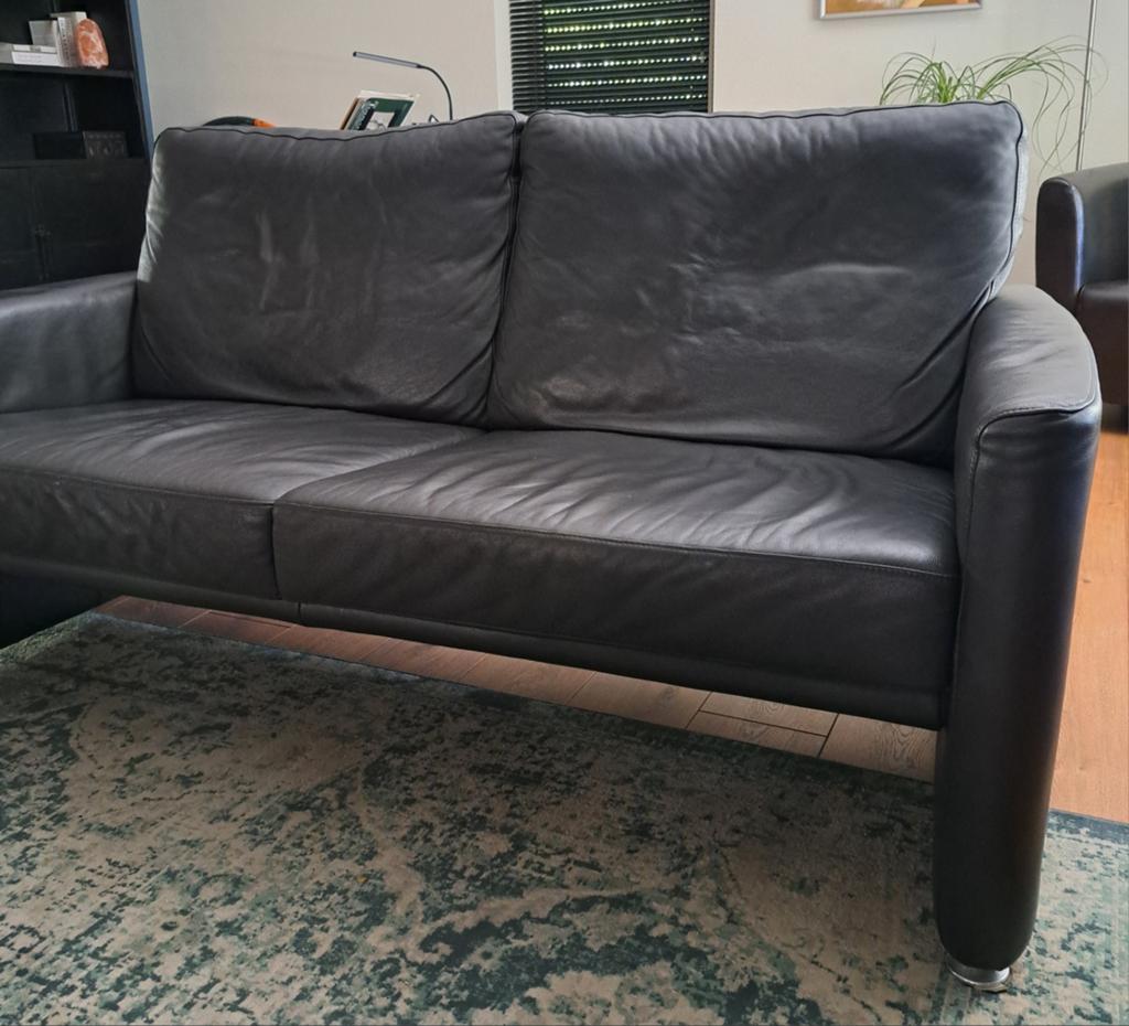 Bruin leren bank, Huis en Inrichting, Banken | Bankstellen, Ophalen, Gebruikt, 150 tot 200 cm, Driepersoons