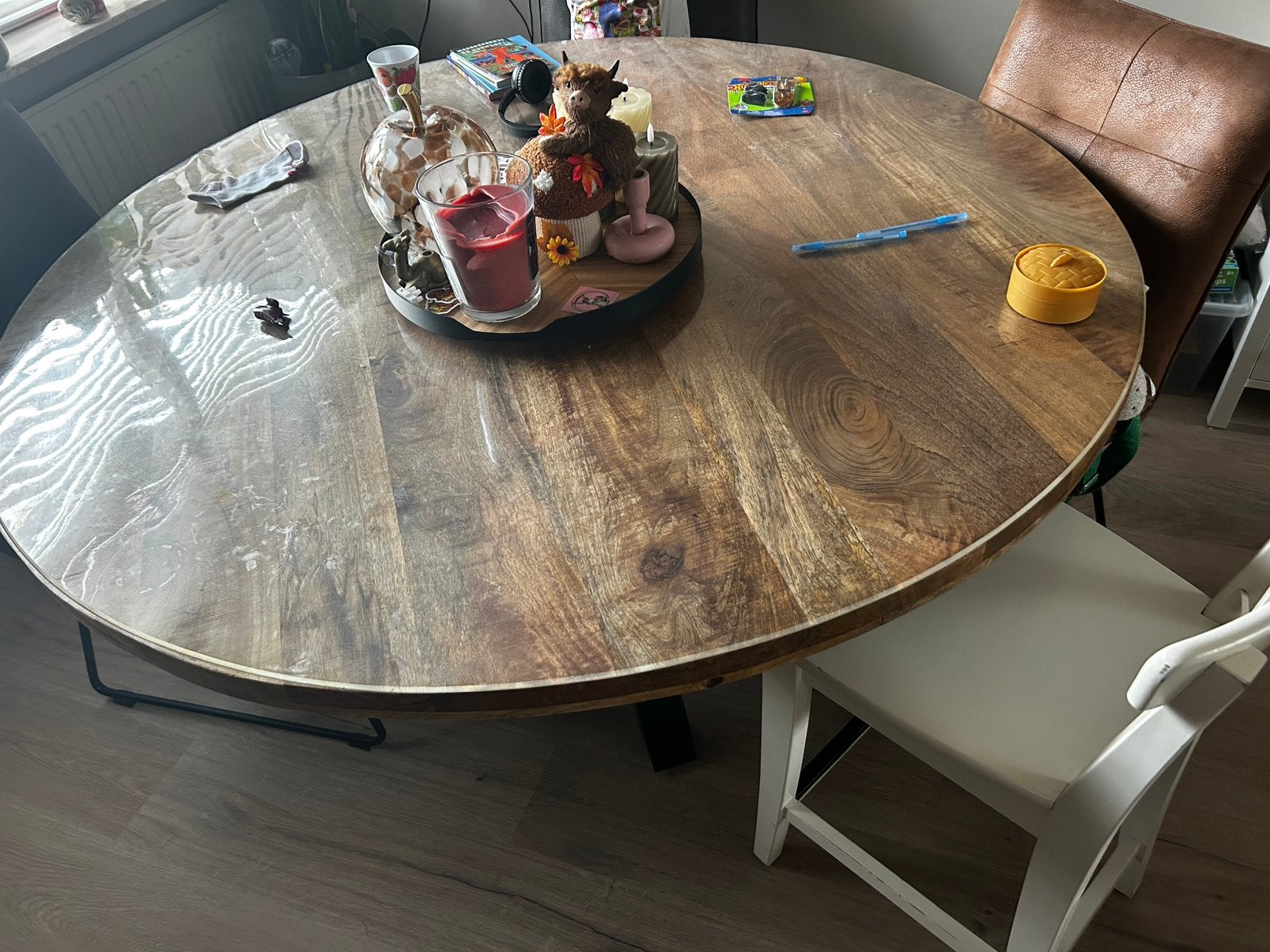 Ronde mangohouten eettafel 150 cm, Ophalen, Zo goed als nieuw, Rond, 100 tot 150 cm