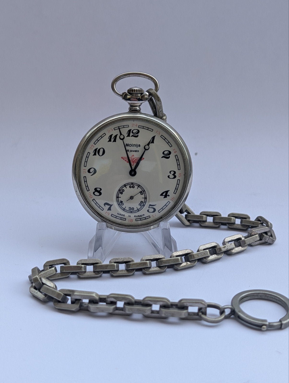 Molnija Zakhorloge met Locomotief Gravure en Ketting, Overige merken, Overige materialen, Zakhorloge, Met ketting