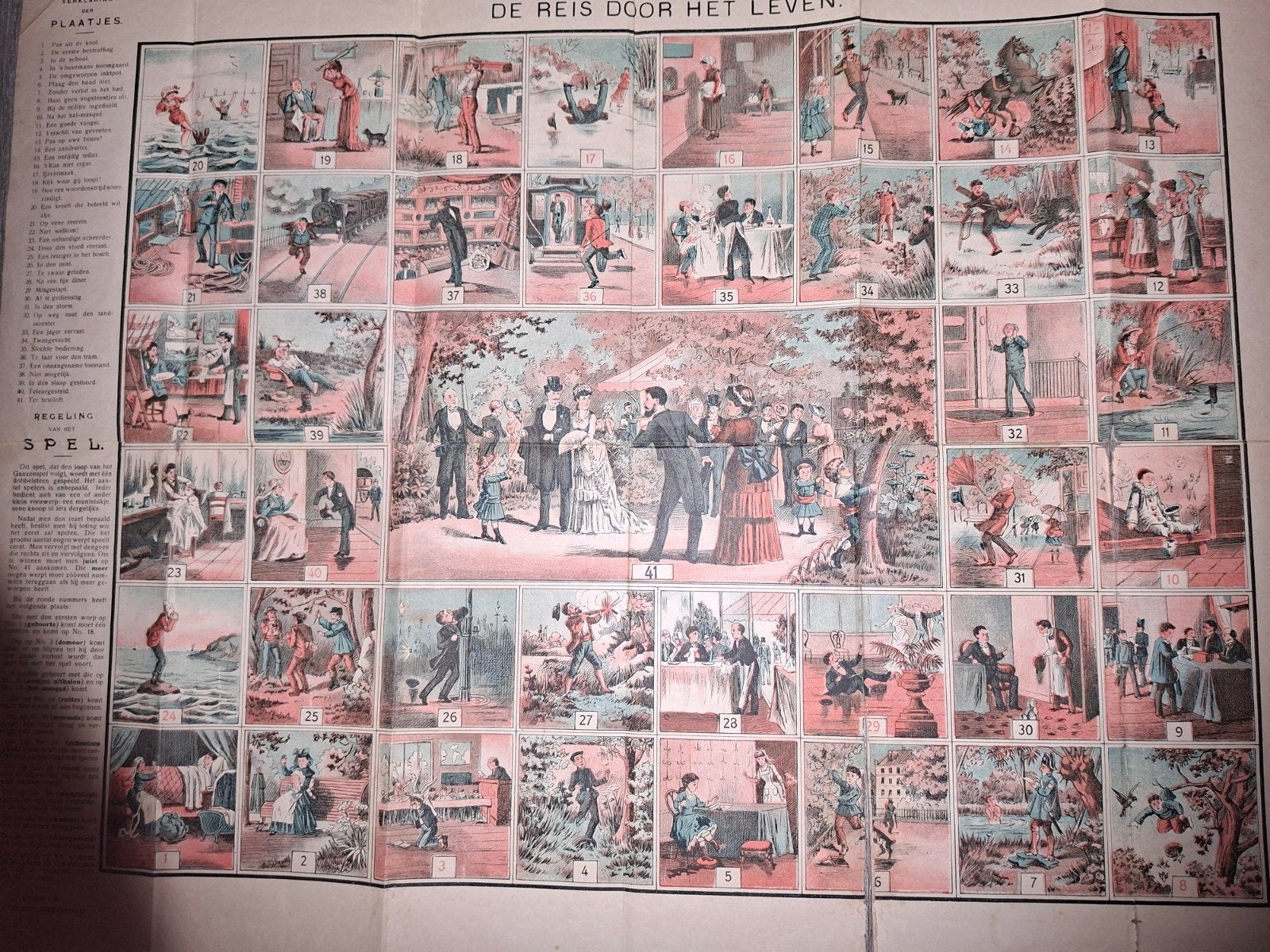 Antiek papieren spelbord 'De reis door het leven' (ca. 1900), Antiek en Kunst, Ophalen of Verzenden