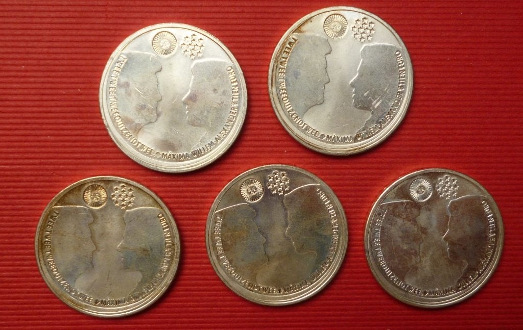 5x zilveren munten huwelijk WILLEM ALEXANDER & MAXIMA, Koningin Beatrix, Zilver, Euro's, Ophalen of Verzenden