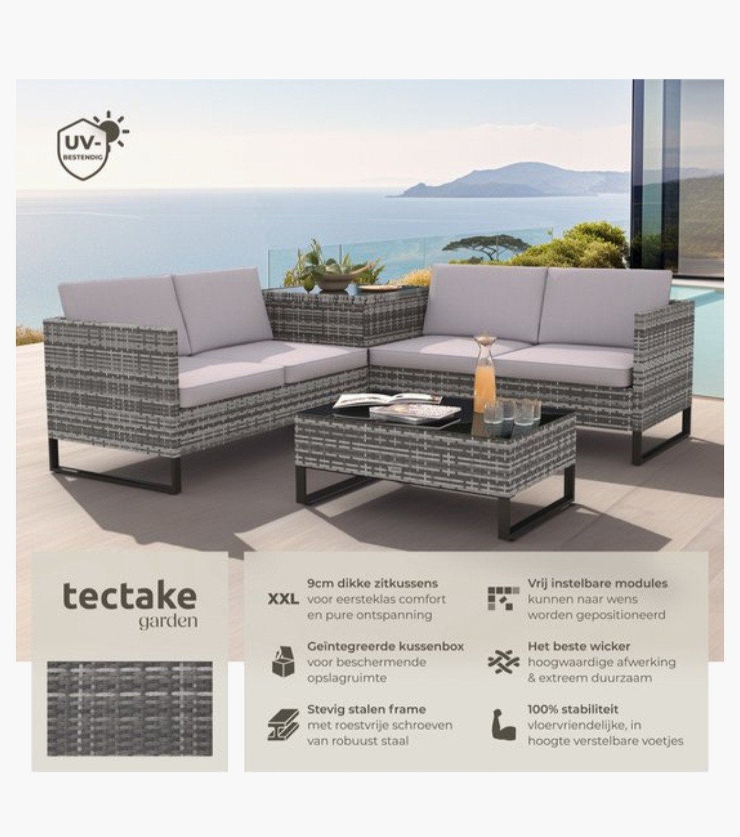 Moderne Wicker Loungeset met Opbergbox en Tafel, Tuin en Terras, Ophalen, 4 zitplaatsen, Eettafel, Zo goed als nieuw