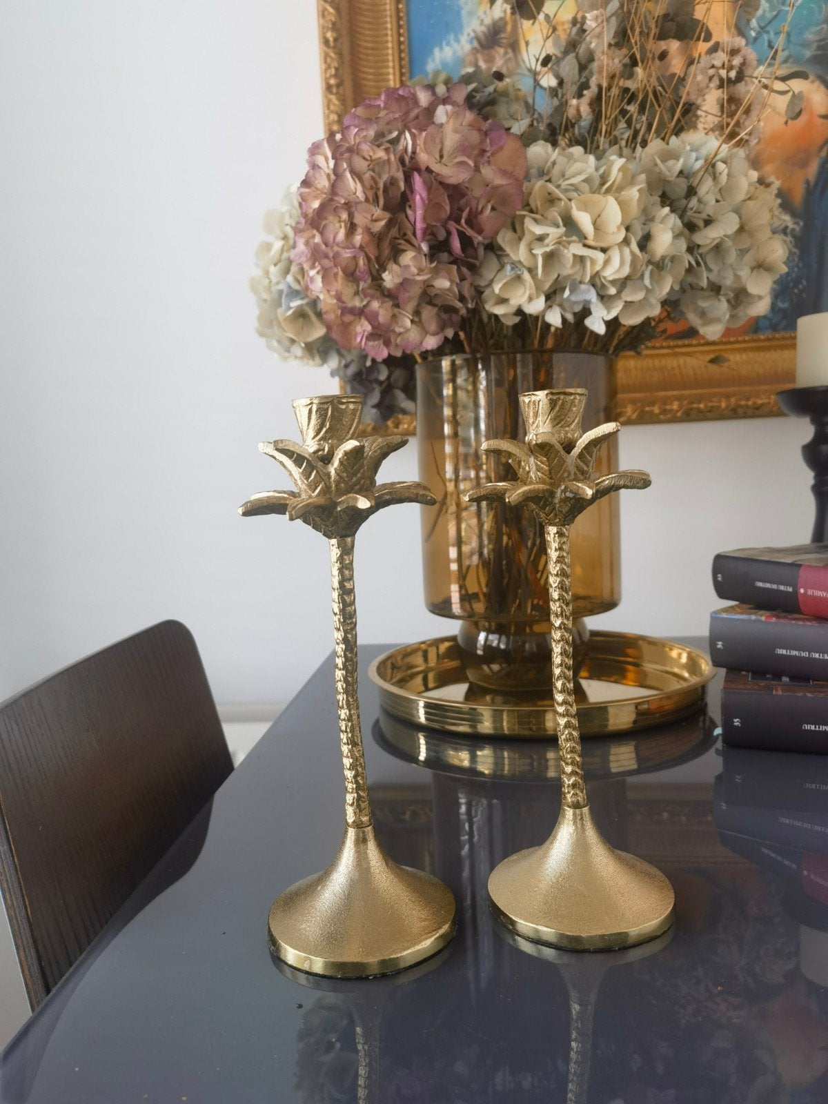 Set van 2 gouden palmboom kandelaars, Ophalen of Verzenden, Zo goed als nieuw, Metaal, Kandelaar