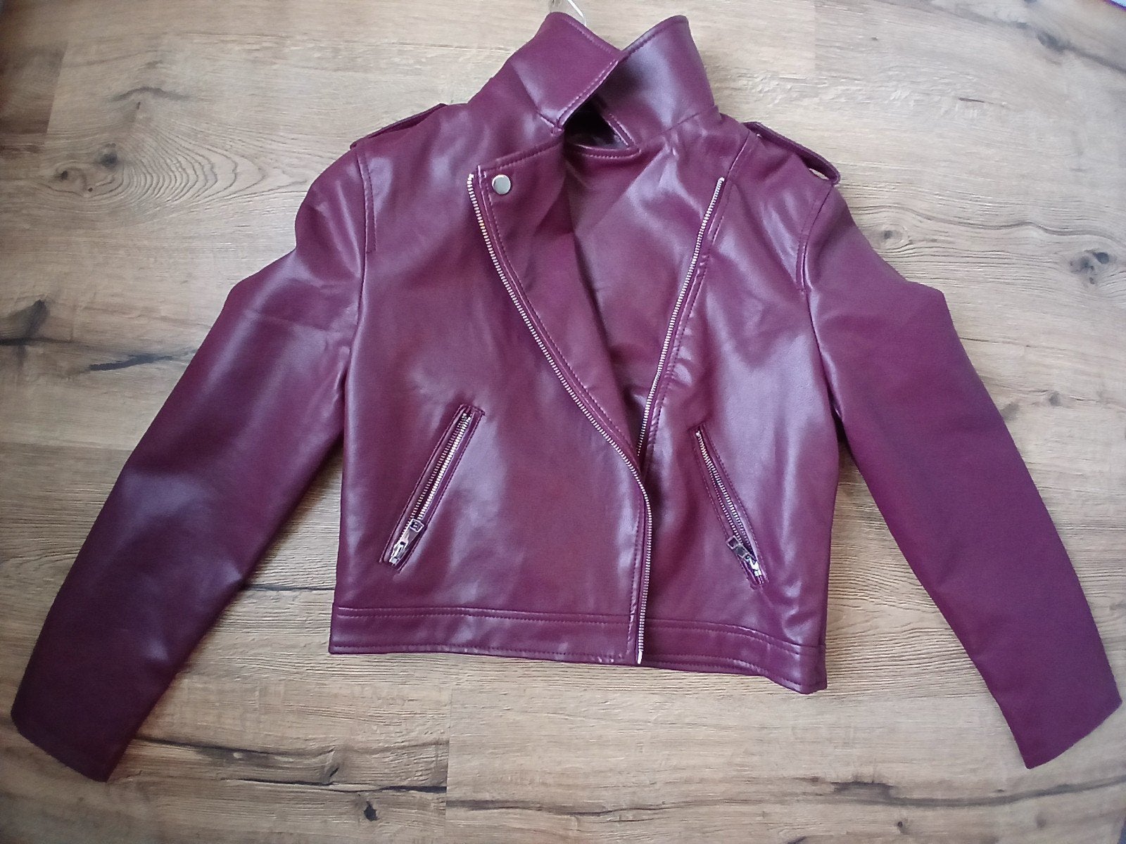 Bordeauxrode leren bikerjack, Primark, Ophalen of Verzenden, Zo goed als nieuw, Maat 36 (S)