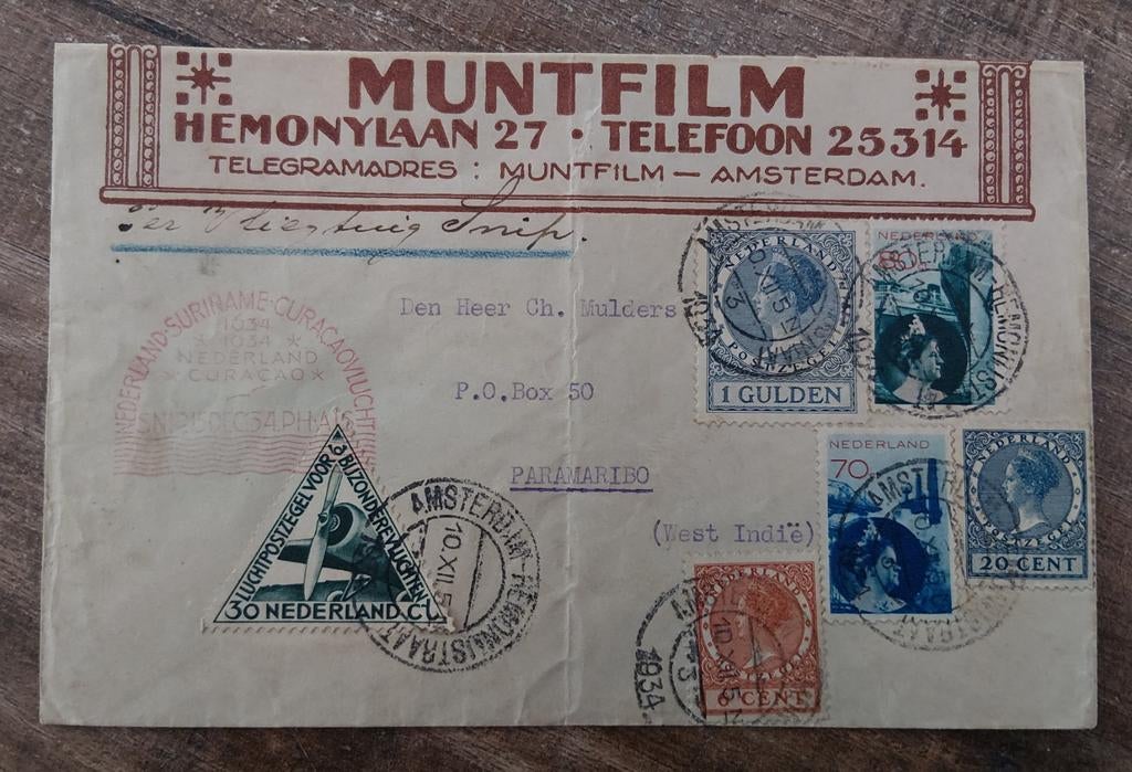 Envelop per Snip Nederland/Suriname/Curaçao vlucht 15 decemb, Ophalen of Verzenden, 25 gulden