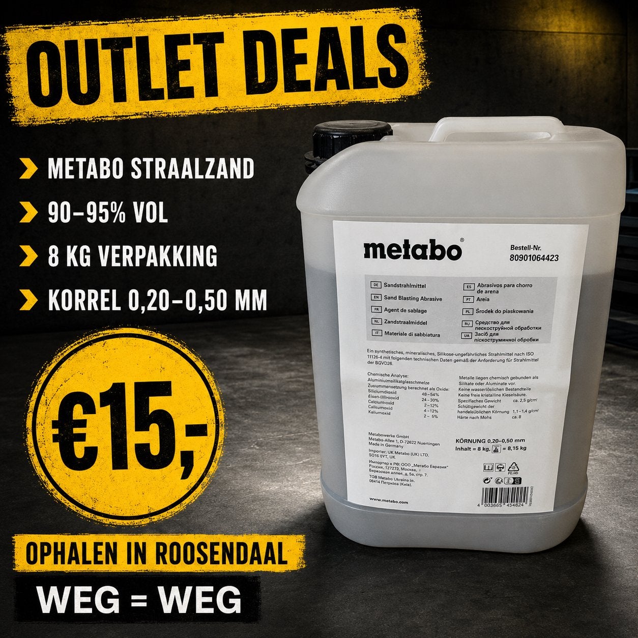 Metabo straalzand 8 kg - 90/95% vol - Outlet Deal, Doe-het-zelf en Verbouw, Ophalen, Zo goed als nieuw