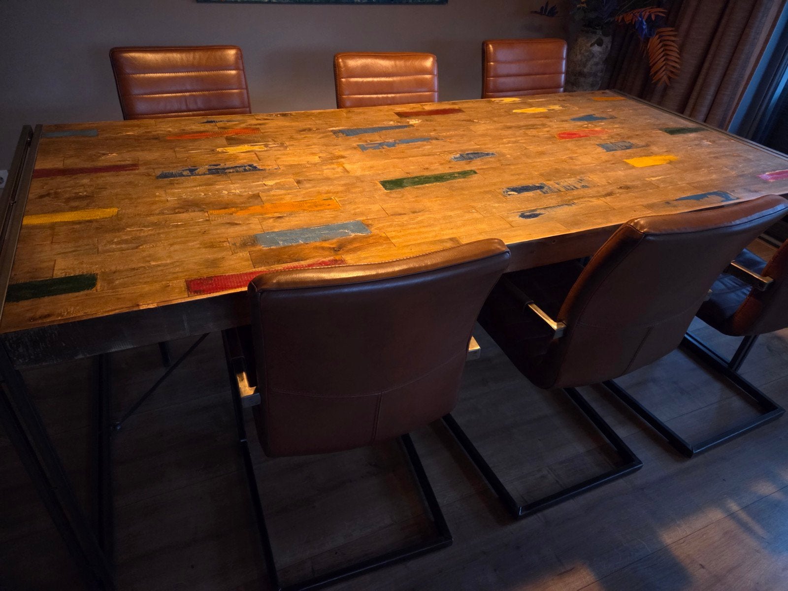 Industriële eettafel met 6 leren stoelen van Eijerkamp, Huis en Inrichting, Gebruikt, 200 cm of meer, 50 tot 100 cm, Vijf personen of meer
