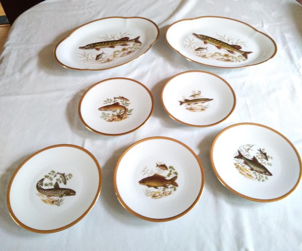 7 delen van VIS-SERVIES van Porcelaine d'Art, Limoges, Ophalen of Verzenden