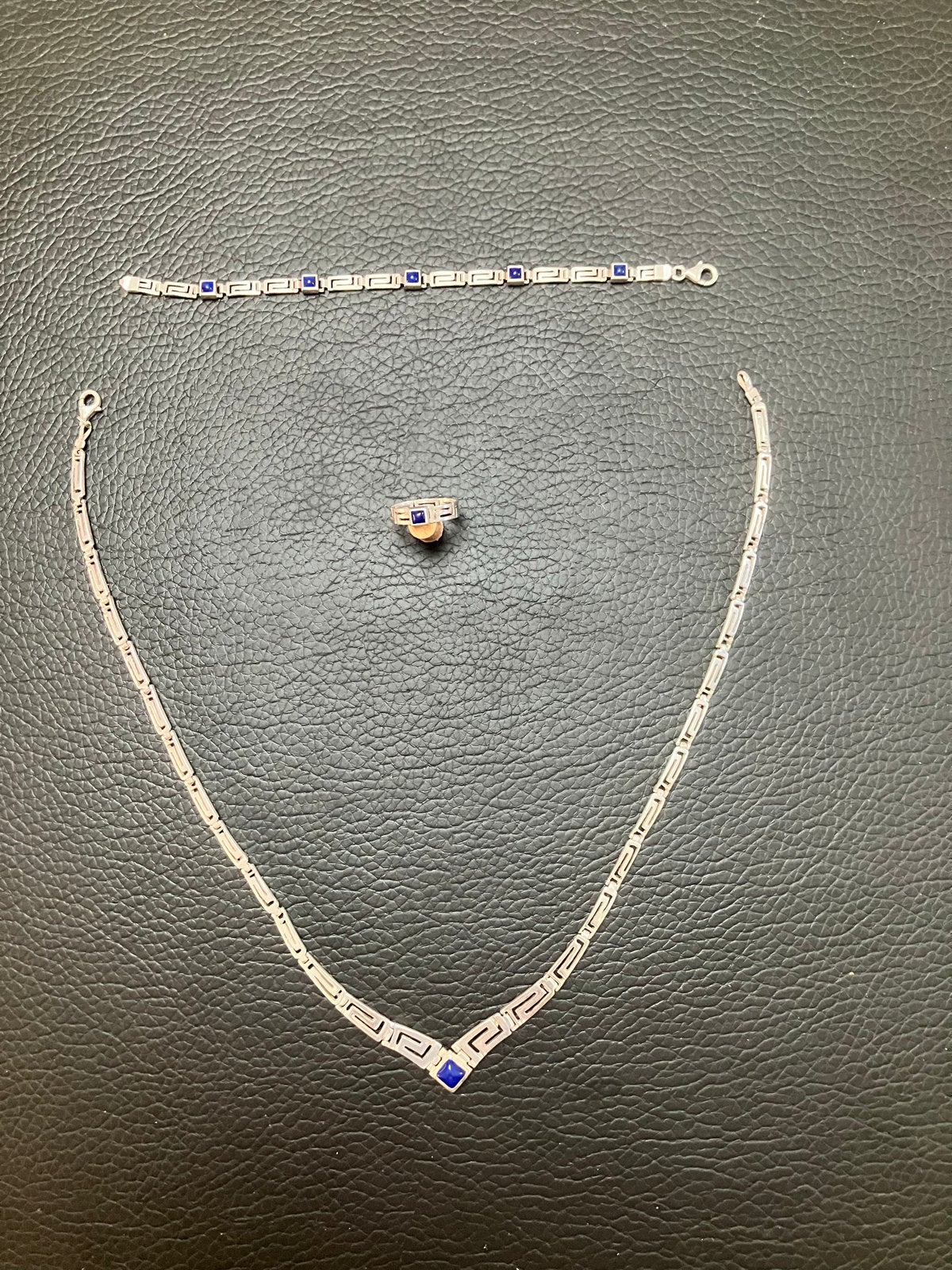 925 Zilveren Griekse Meander Sieradenset (Ketting, Armband,, Ophalen of Verzenden, Gebruikt, Zilver, Met edelsteen