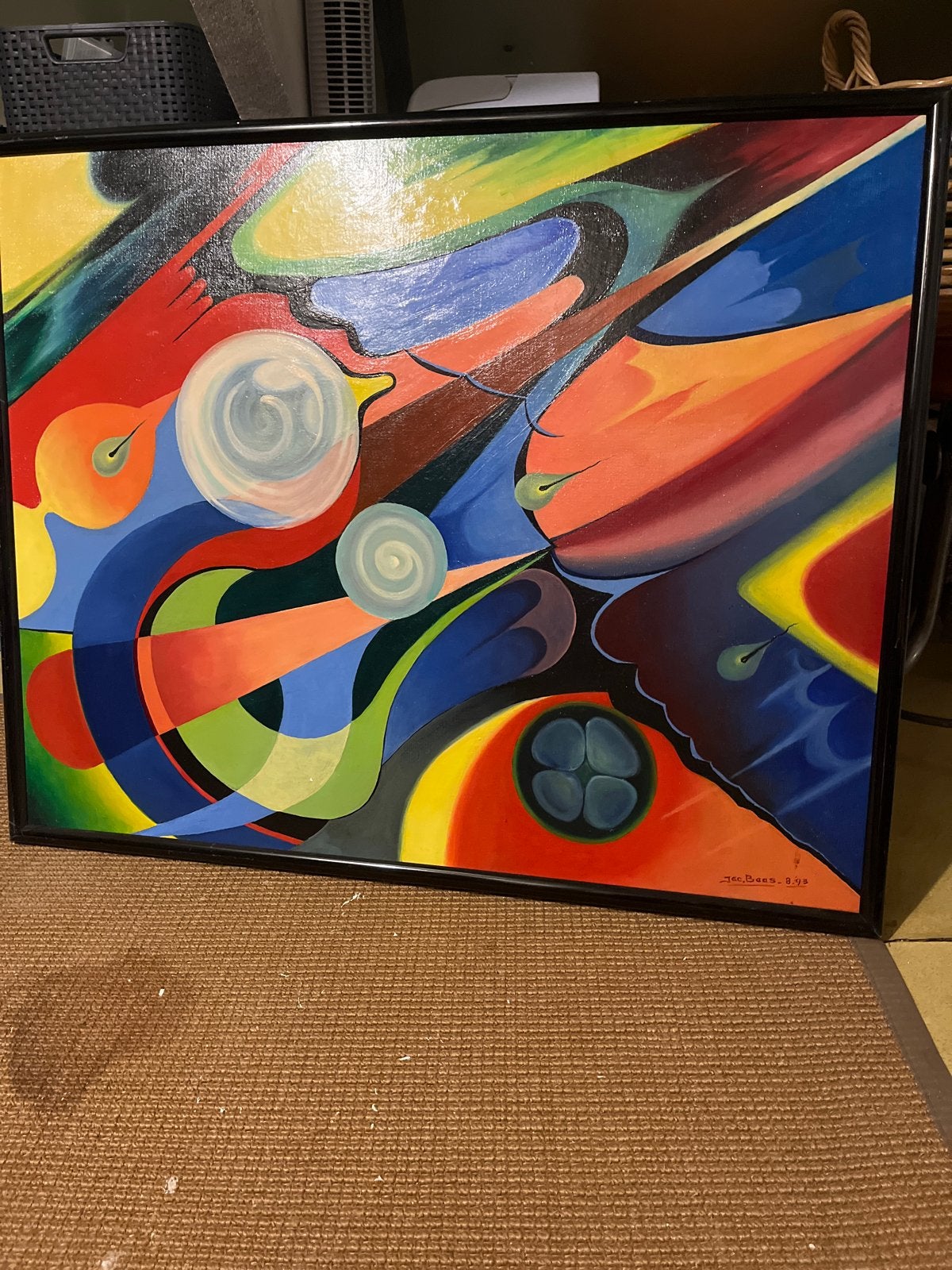 Abstract Schilderij - Levendige Kleuren en Dynamische Vormen, Antiek en Kunst, Ophalen of Verzenden