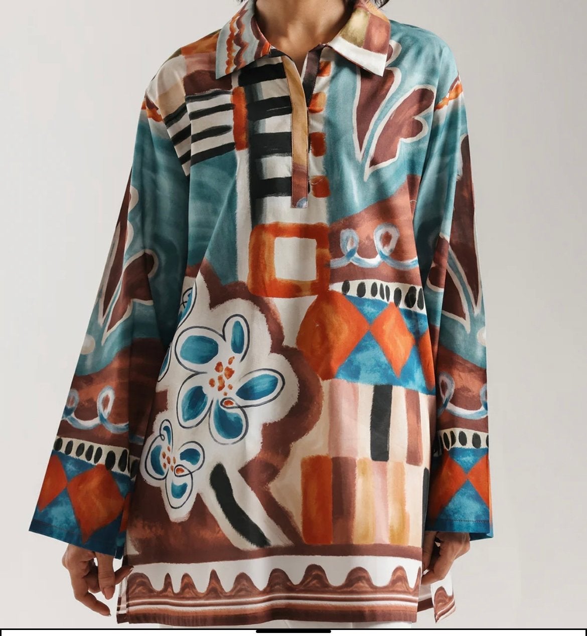 Geprinte Kurti - Abstract Design met Volumineuze Mouwen, Ophalen, Nieuw, Lange mouw, Maat 36 (S)