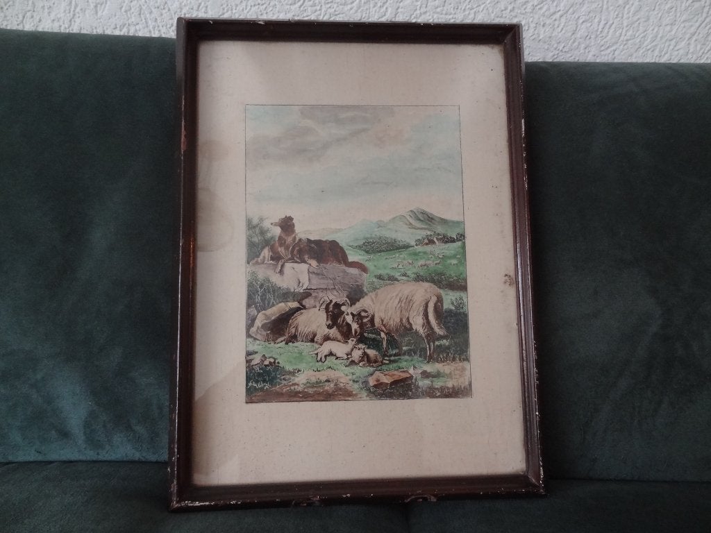 schilderij schapen Schouten met hond, Achter glas, Paneel, Dieren, Ophalen of Verzenden