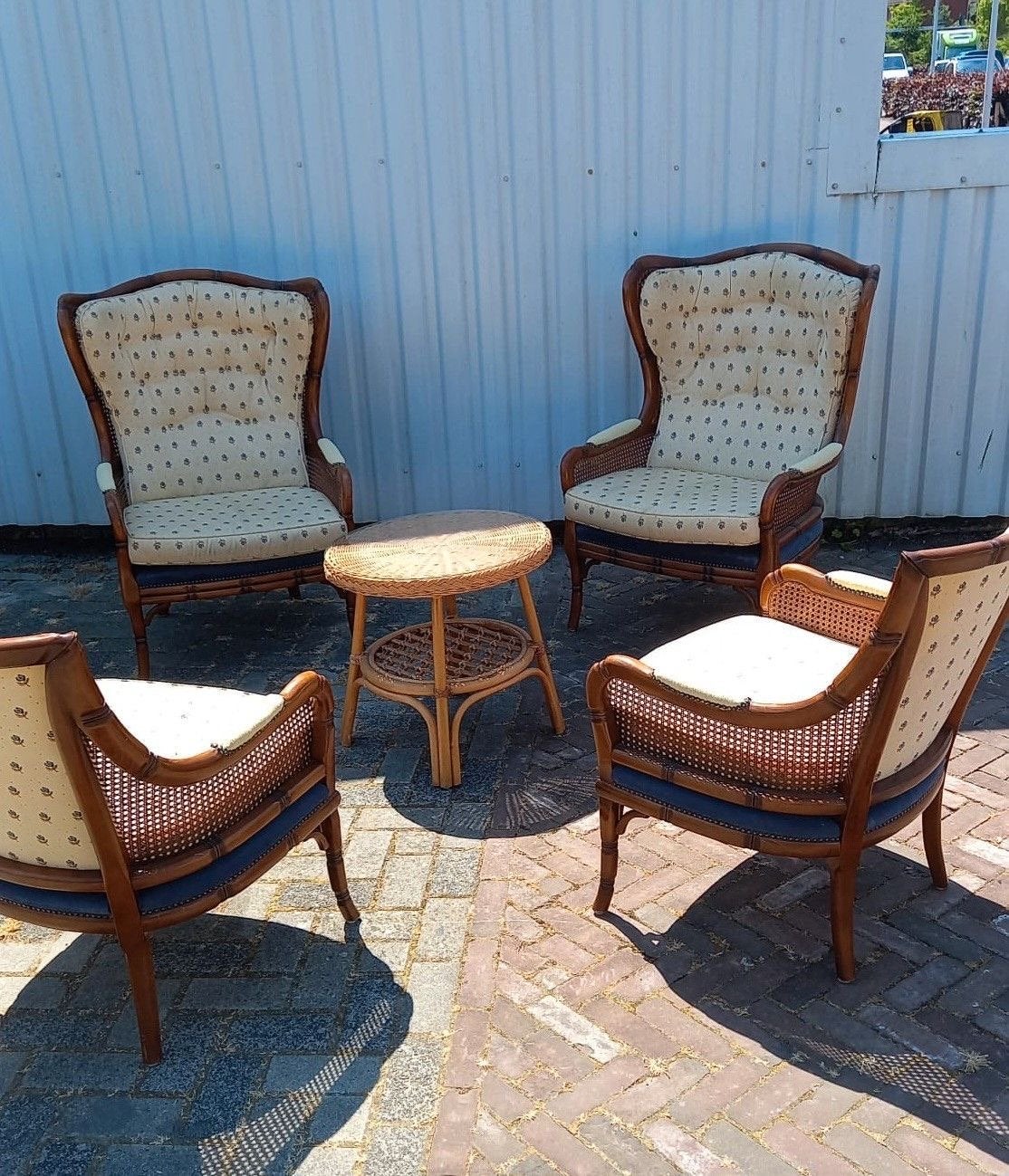Set van 4 rotan stoelen: 2 oorfauteuils, 2 lagere modellen, Ophalen, Gebruikt, 50 tot 75 cm, Riet of Rotan
