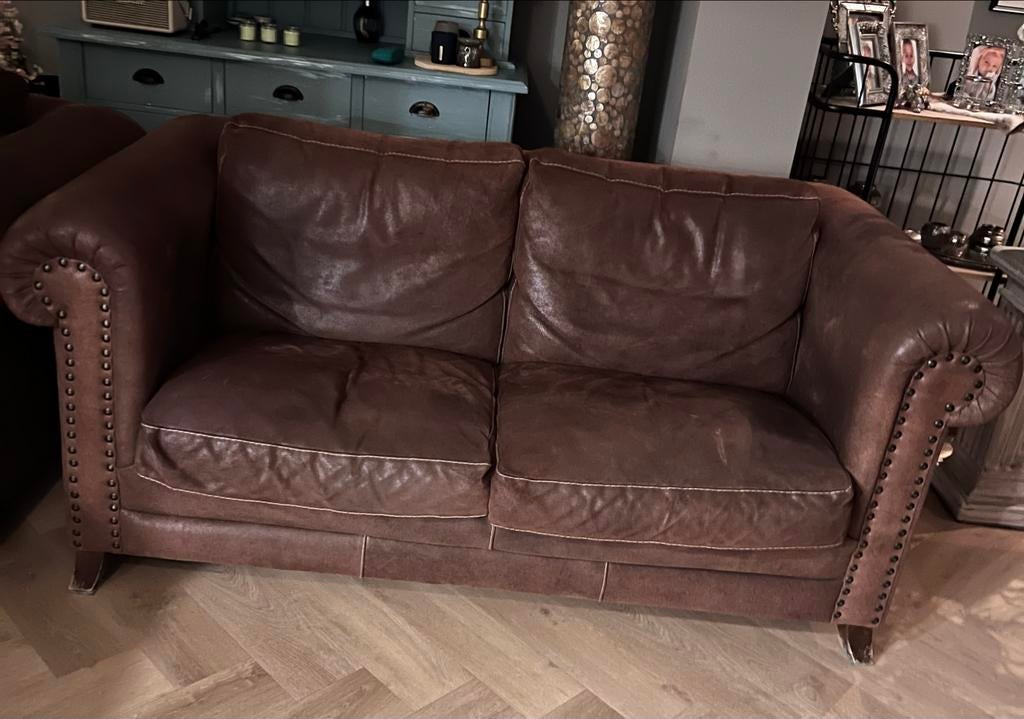 Donkerbruine tweezits bank., Ophalen, Gebruikt, 150 tot 200 cm, Tweepersoons