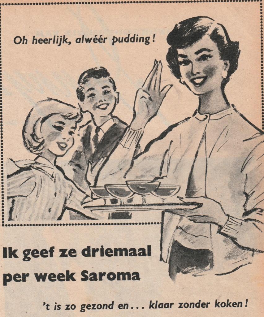 Retro reclame 1957 Saroma zuivel driemaal per week toetjes, Verzenden, Overige typen