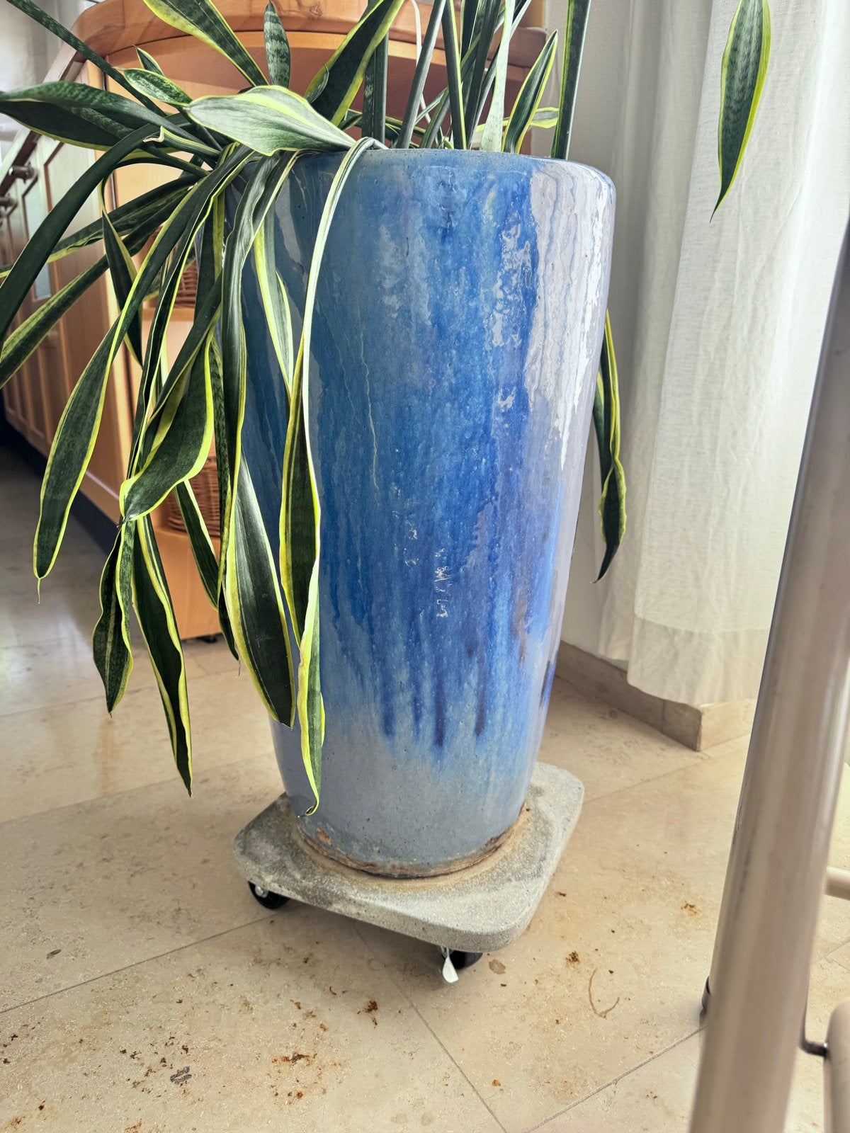 Set van 3 geglazuurde keramische potten, blauw, Tuin en Terras, Bloempotten, Gebruikt, Rond, Binnen, Aardewerk