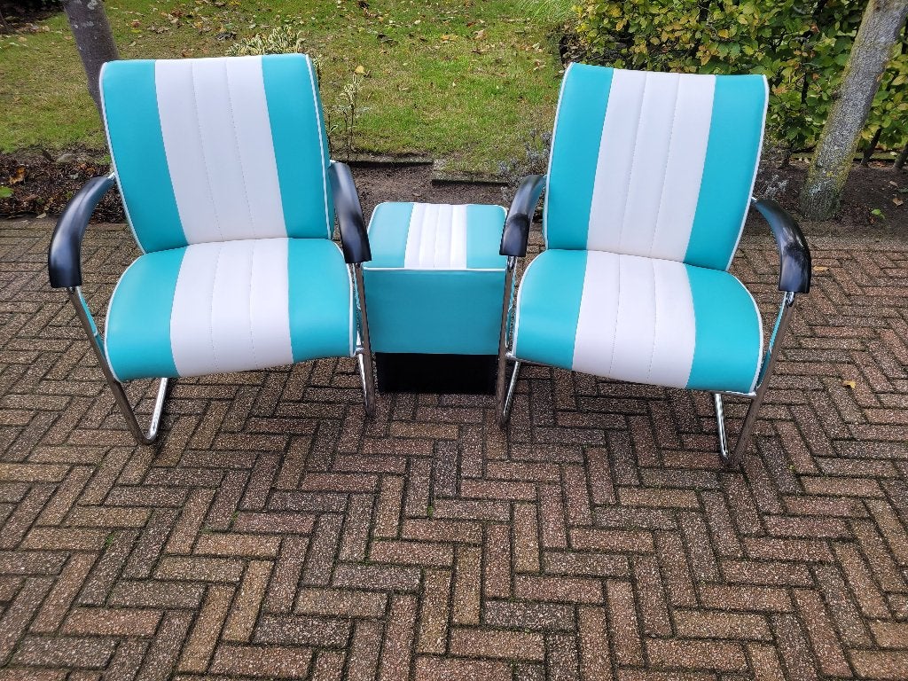 Bel Air 2 fauteuils / stoelen + voetenbankje fifties sixties, Huis en Inrichting, Ophalen, Minder dan 75 cm, Zo goed als nieuw