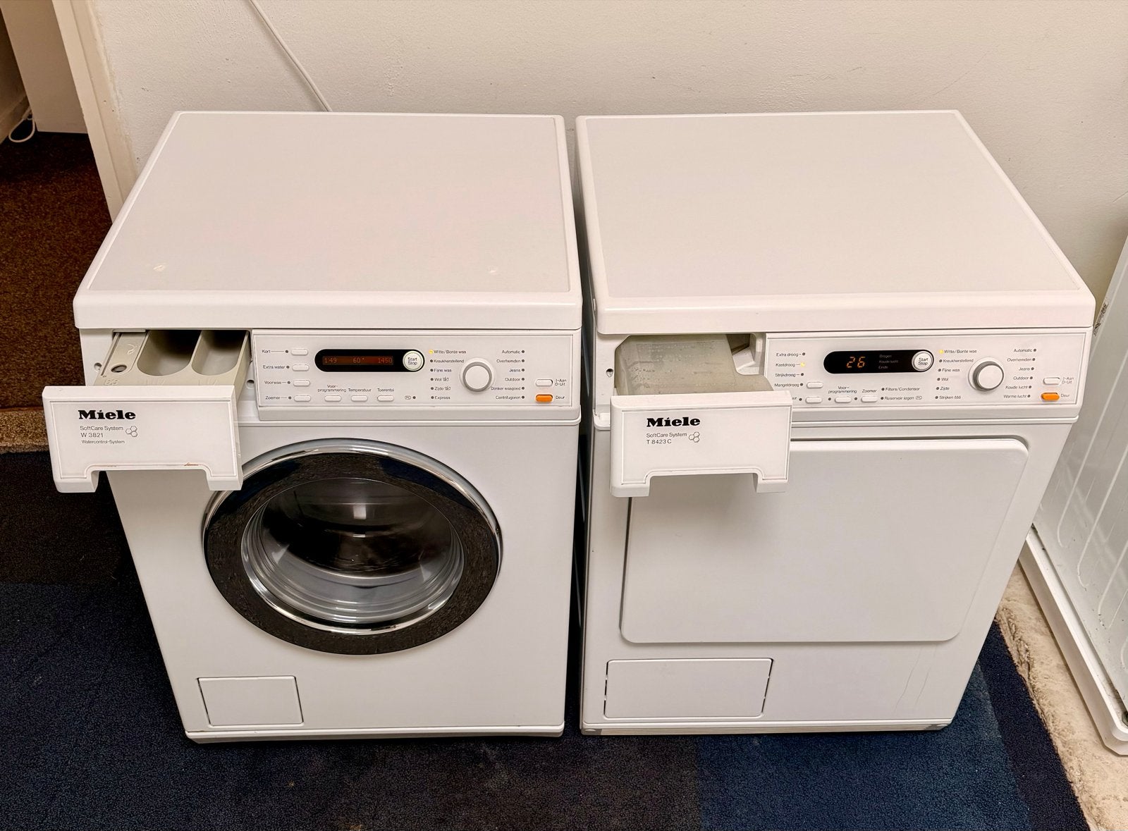 Set Miele W3821 Wasmachine en T8423C Condens droger, 6 tot 8 kg, Gebruikt, Germany, Www.miele.com
