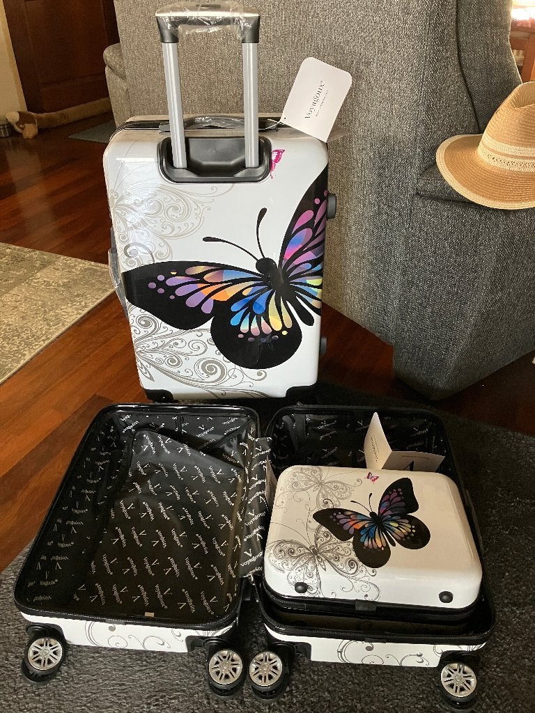 Koffer set en beautycase NIEUW 4 wieltjes vlinder met slot, Overige materialen, Nieuw, 35 tot 45 cm, Wieltjes