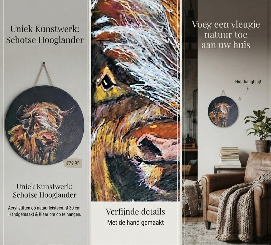 Handgeschilderd Kunstwerk Schotse Hooglander op Leiste, Ophalen of Verzenden