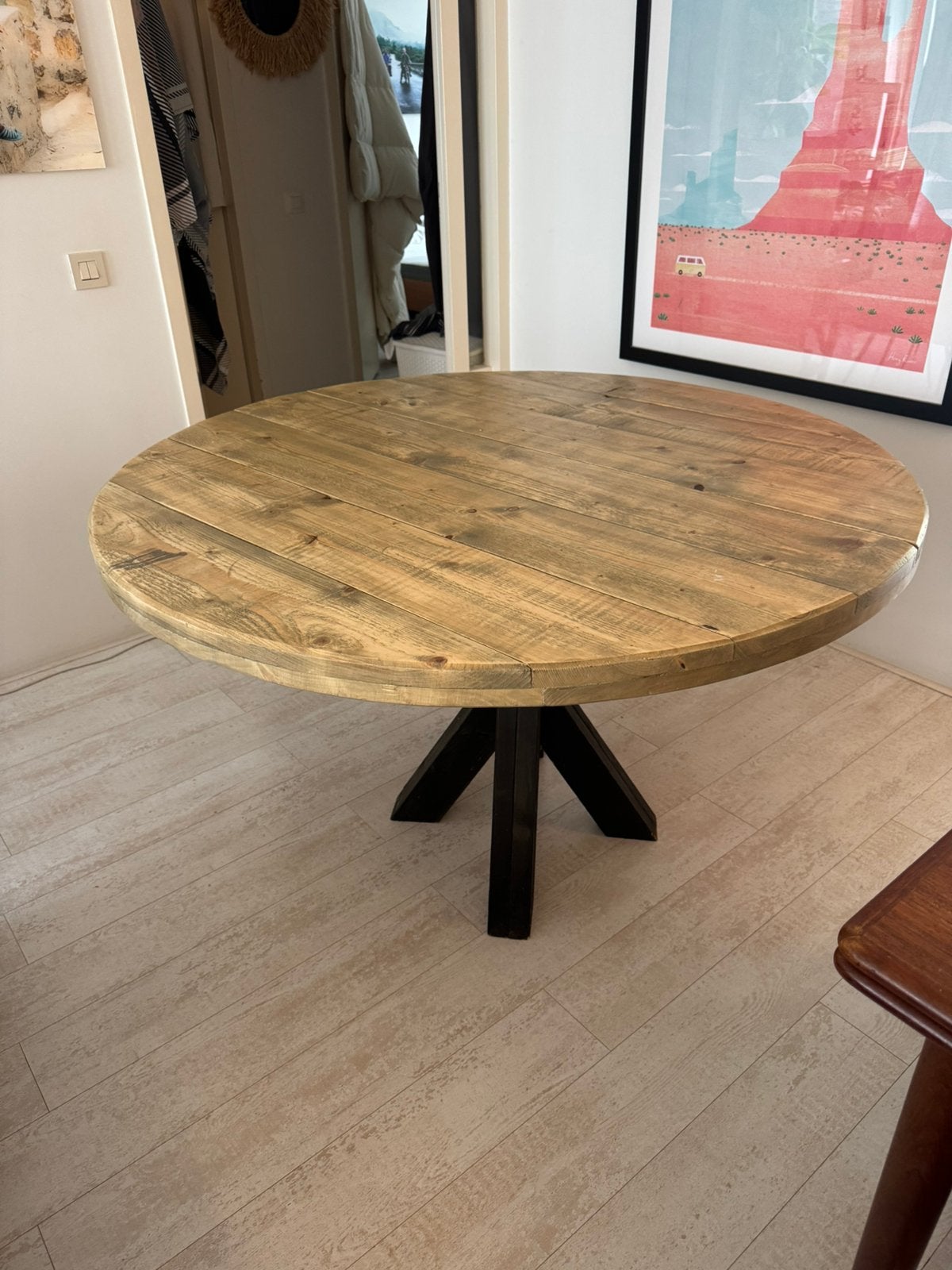 Complete Eethoek: Ronde Grenen Tafel (130cm) + 4 Stoelen, Huis en Inrichting, Ophalen, Gebruikt, Rond, Vier personen