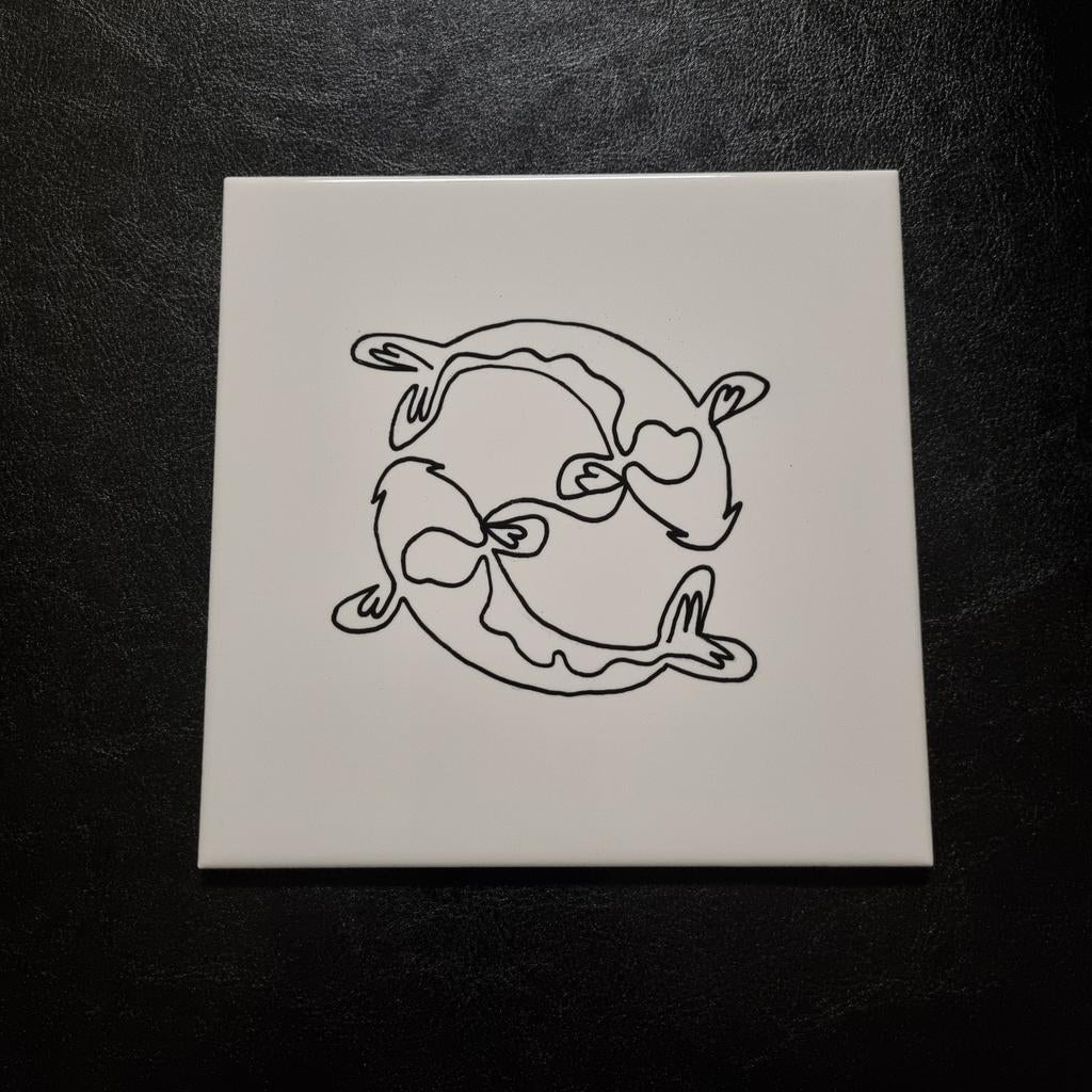 Tegeltje lijntekening lijn tekening koi carp fish karper vis, Ophalen of Verzenden
