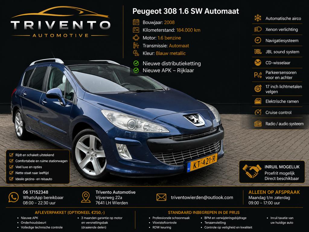 Peugeot 308 1.6 VTI SW AUTOMAAT/ XENON/ NW APK/ NW KETTING, Stof, 4 cilinders, Met garantie (alle), Blauw