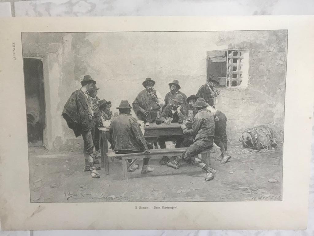 G. Simoni: Beim Kartenspiel, or. gravure 1904,  afm. 32x21cm, Origineel, Dagelijks leven, Ophalen of Verzenden, Gravure