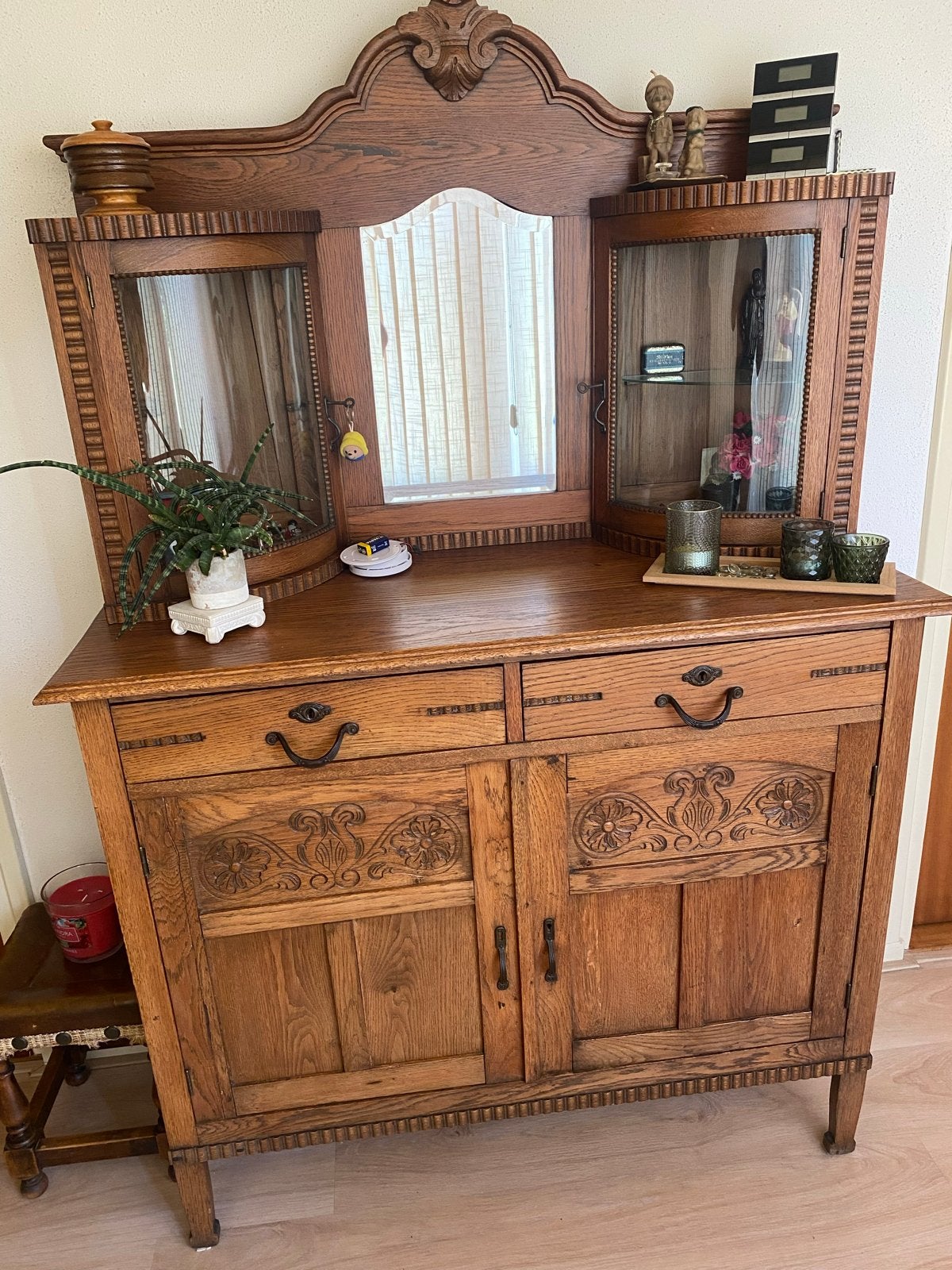 Antieke Eiken Dressoir met Spiegel en Vitrinekasten, Antiek en Kunst, Antiek | Meubels | Kasten, Ophalen