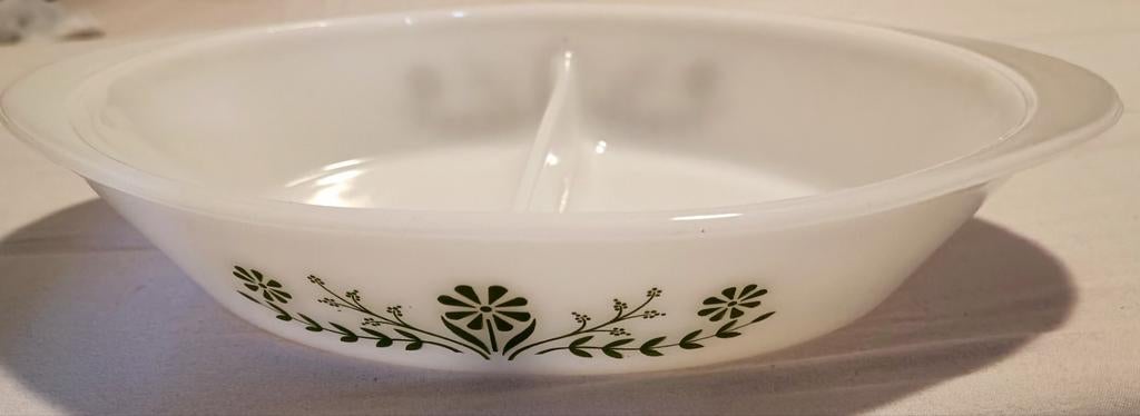 Vintage Glassbake Ovenschaal Ovaal met Groen Bloemmotief, Ophalen of Verzenden