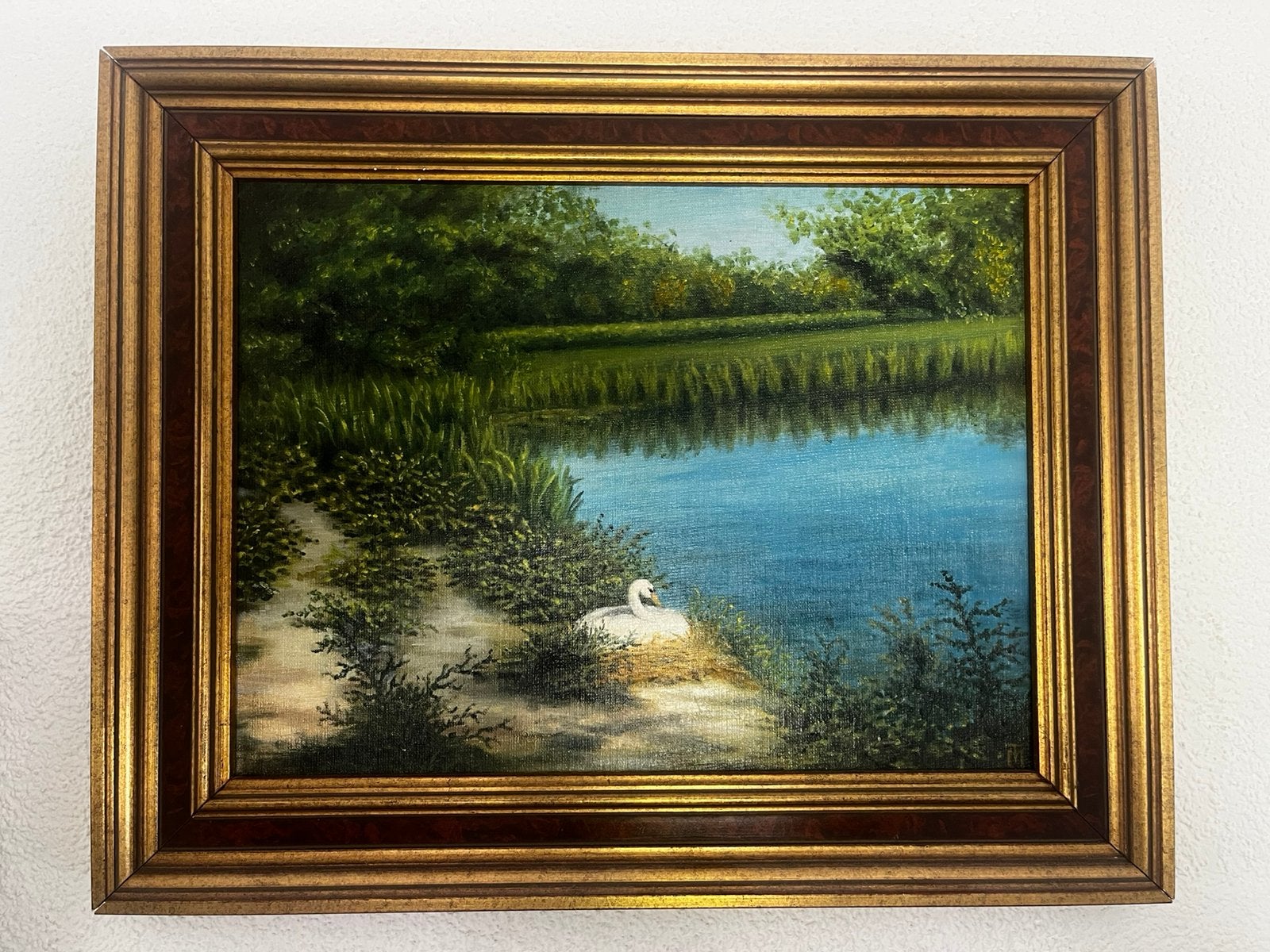 Klassiek olieverfschilderij met zwaan 30x40cm, sierlijst, Ophalen, Paneel, Gesigneerd, Landschap