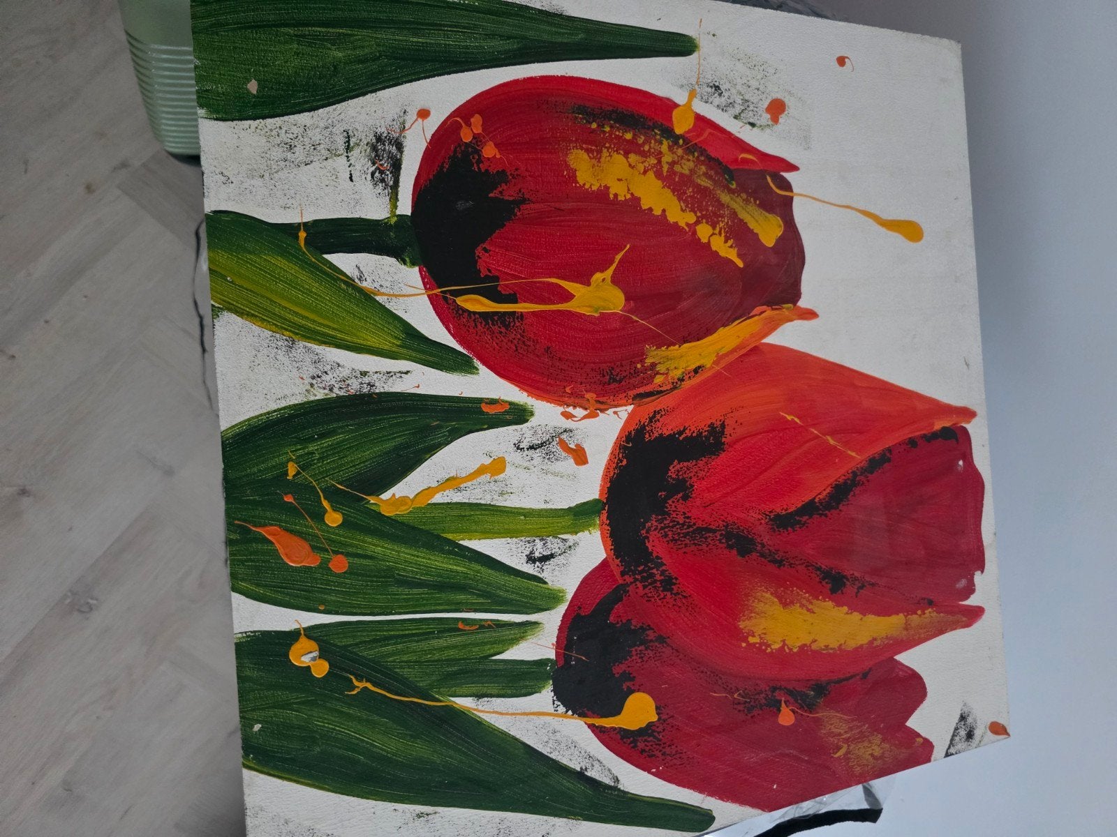 Schilderij met rode tulpen - Handgeschilderd, Handgeschilderd, Ophalen of Verzenden, Olieverf, Bloemen