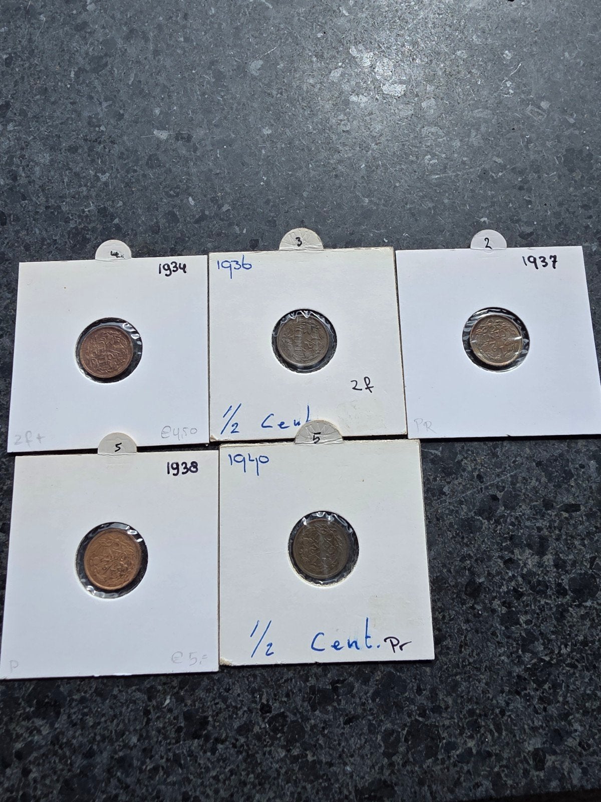 5 x Halve Cent munten 1934, 1936, 1937, 1938, 1940, Ophalen of Verzenden, Koningin Wilhelmina, Setje