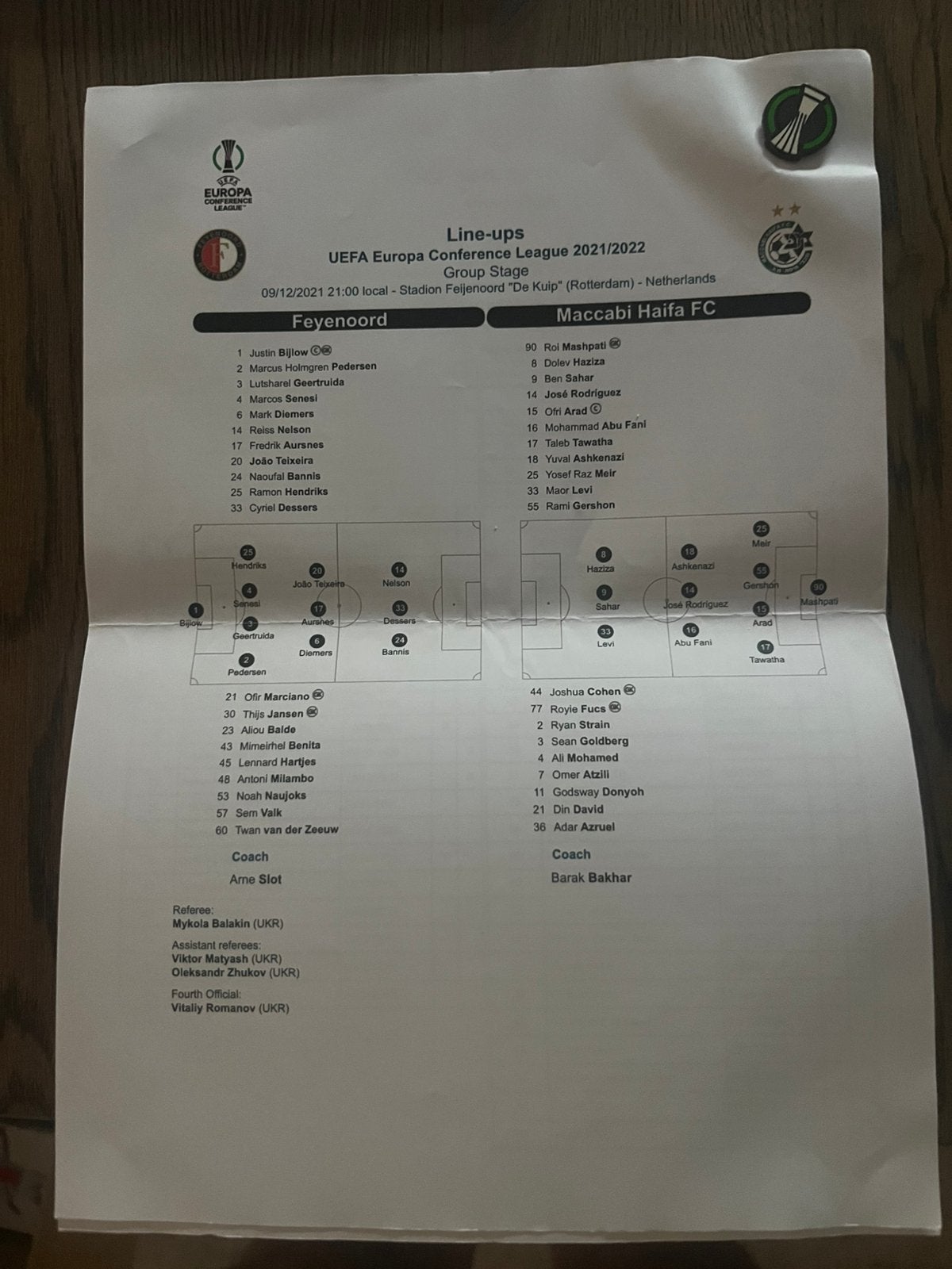 INFO FEYENOORD-MACCABI HAIFA 21-22 7 pagina’s en speld, Ophalen of Verzenden, Zo goed als nieuw, Feyenoord, Overige typen