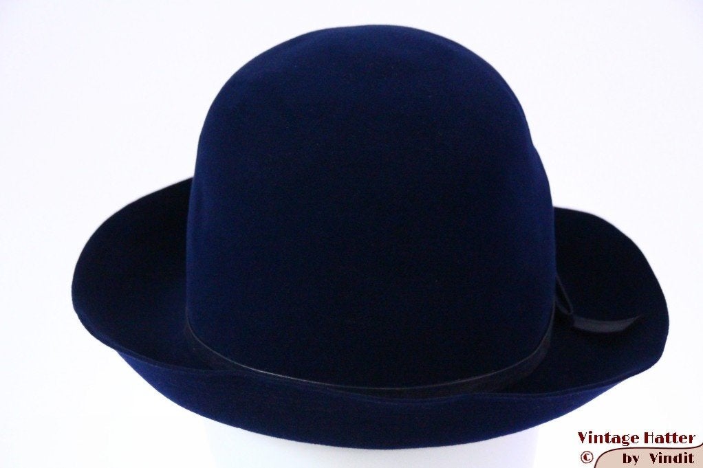 Vintage Dameshoed donker blauw soepel fluweel 55 = S tot XS, Ophalen of Verzenden, Gedragen, 55 cm (S, 6⅞ inch) of minder, Hoed