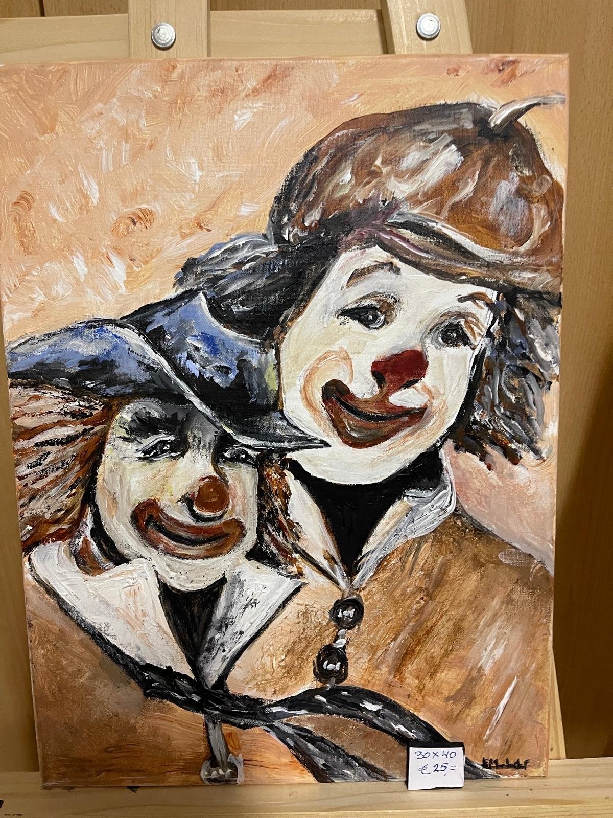 Schilderij van twee vrolijke clowns (30x40 cm), Antiek en Kunst, Ophalen, Doek, Portret of Personen, Realistisch