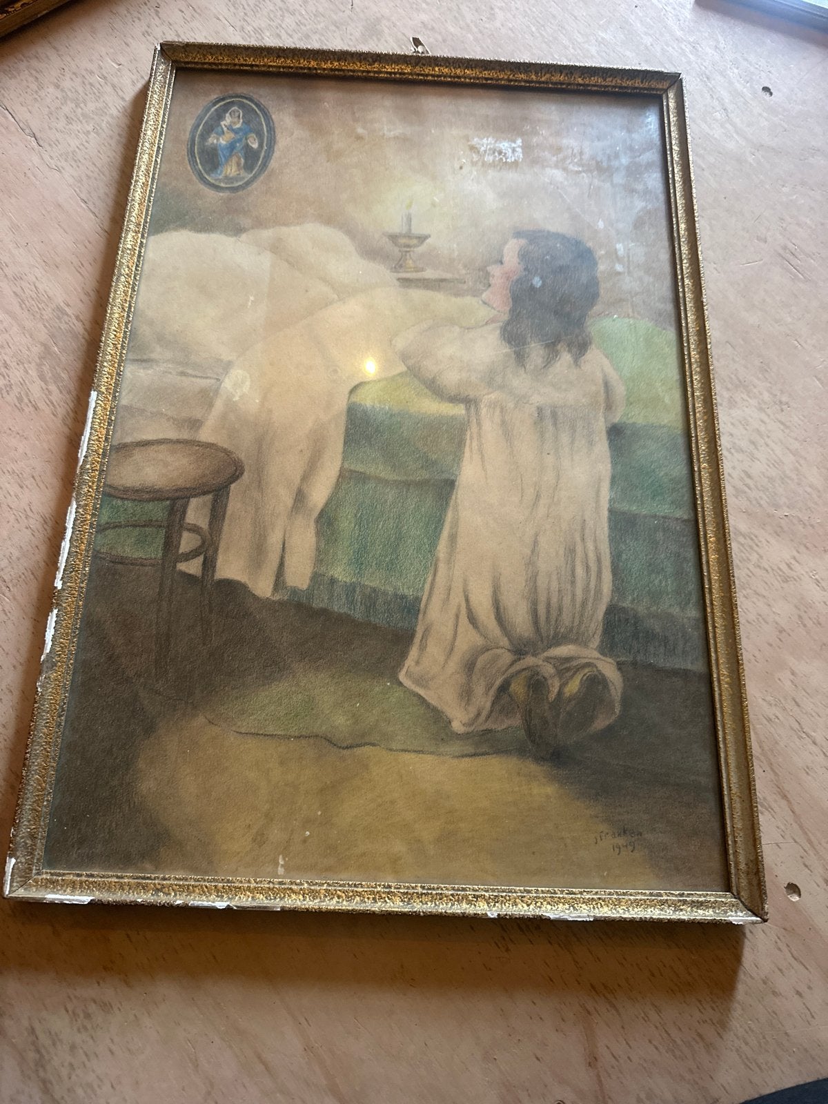 Vintage ingelijste prent: Biddend kind, gesigneerd J. Franke, Ophalen of Verzenden
