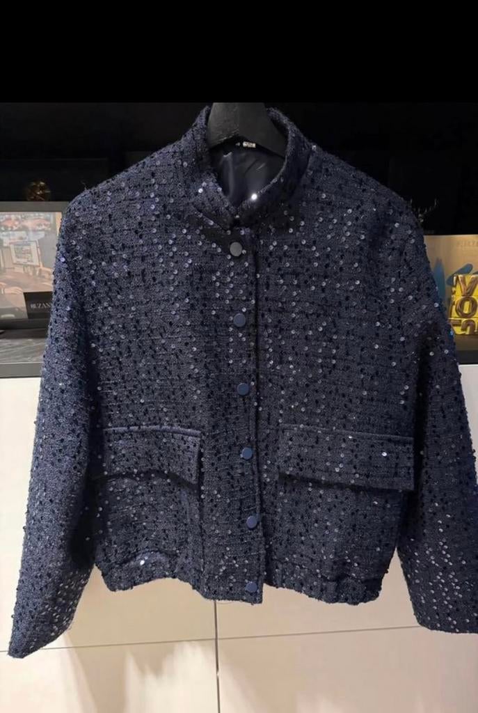Mooi Bomber jack met glitters, Ophalen, Nieuw, Blauw, Jasje