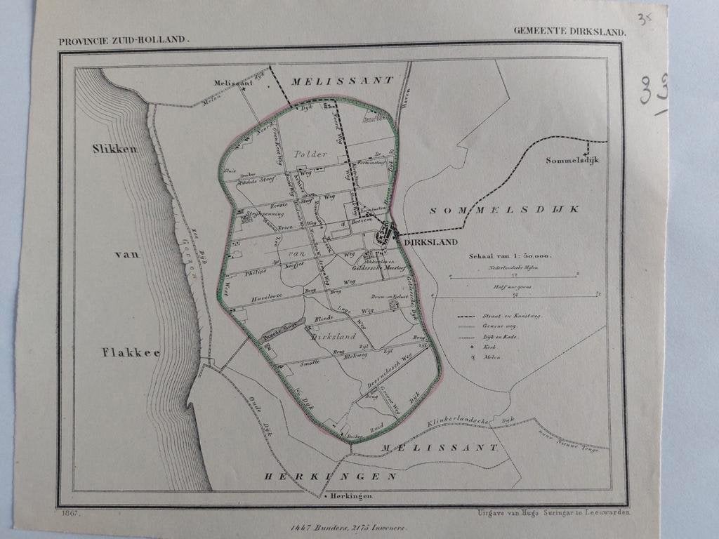 35 / Dirksland Melissant Sommelsdijk Litho uit 1867 J Kuyper, Antiek en Kunst, Ophalen of Verzenden