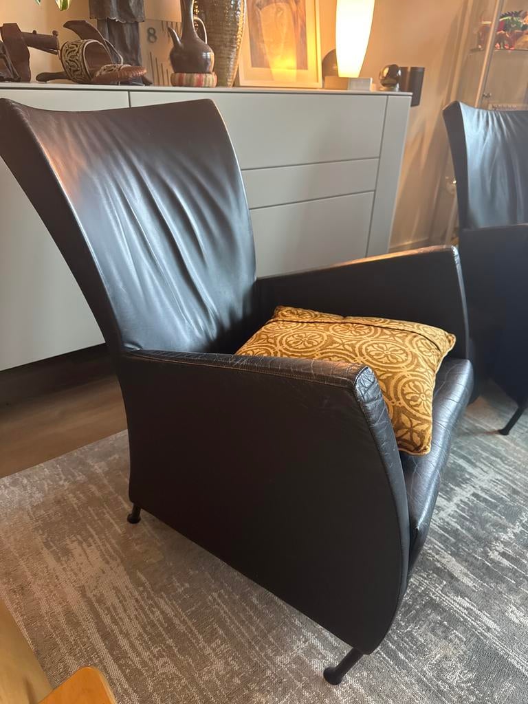 Zwarte leren Windy fauteuils met voetenbankje, Huis en Inrichting, Fauteuils, Ophalen, Gebruikt, Leer, 75 tot 100 cm