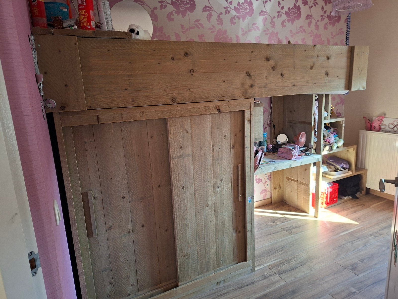Stevig houten hoogslaper met bureau en kast, 85 tot 100 cm, Gebruikt, Ophalen of Verzenden, Hoogslaper of Stapelbed