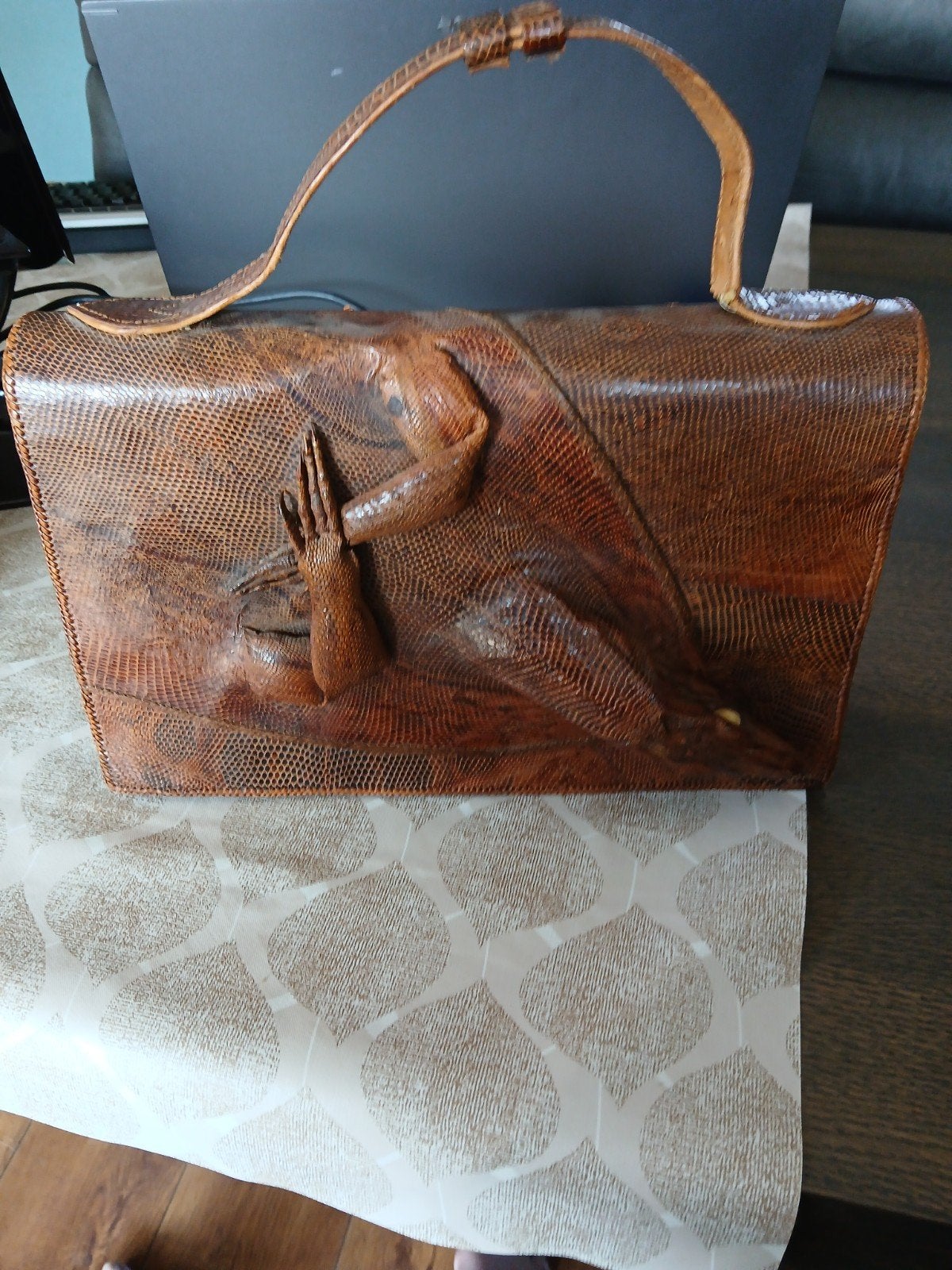 Antieke leren handtas met reptiel, Antiek en Kunst, Antiek | Kleding en Accessoires, Ophalen of Verzenden