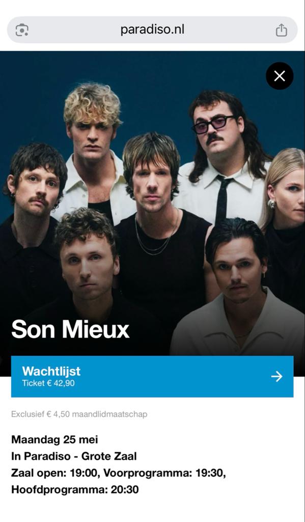 1 kaart voor  concert Son Mieux 25 mei a.s. in Paradiso., Tickets en Kaartjes, Twee personen, Mei