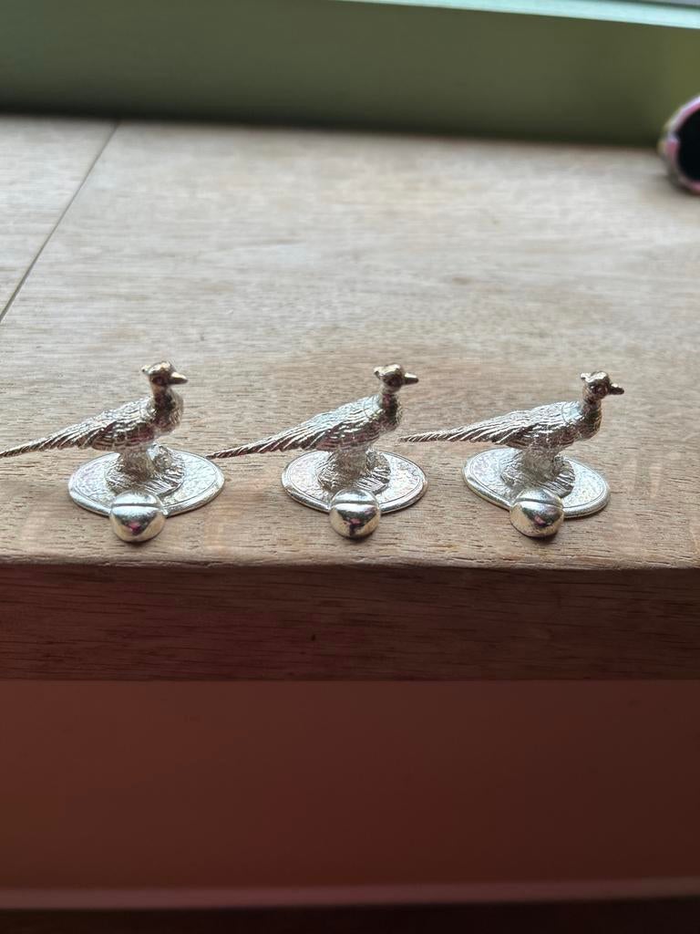 Set van 3 zilveren fazanten beeldjes menu houders, Ophalen of Verzenden