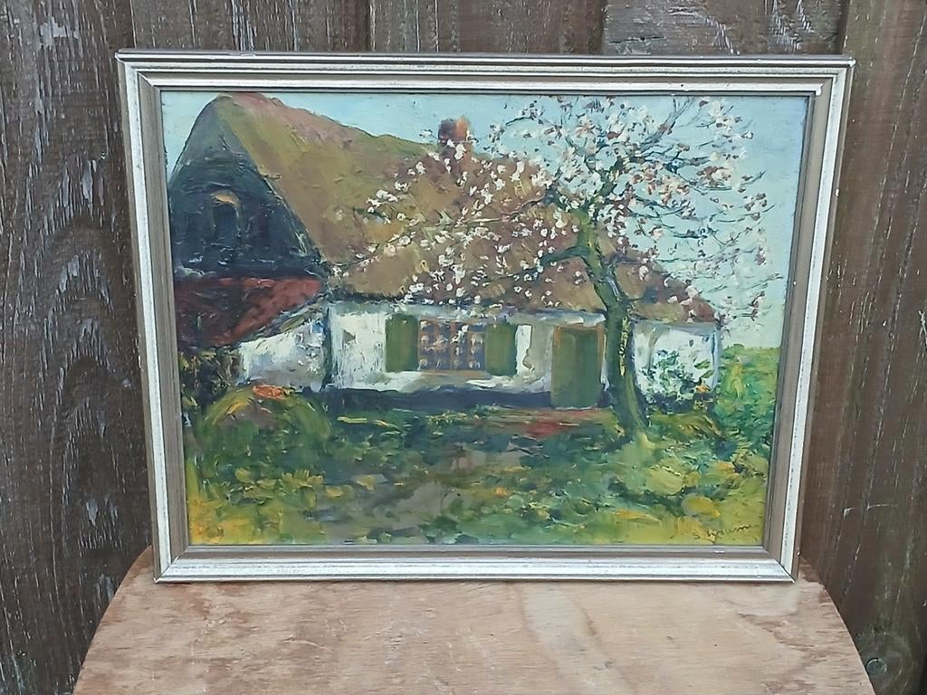 Schilderij van een huis met boom olieverf op canvas., Ophalen of Verzenden