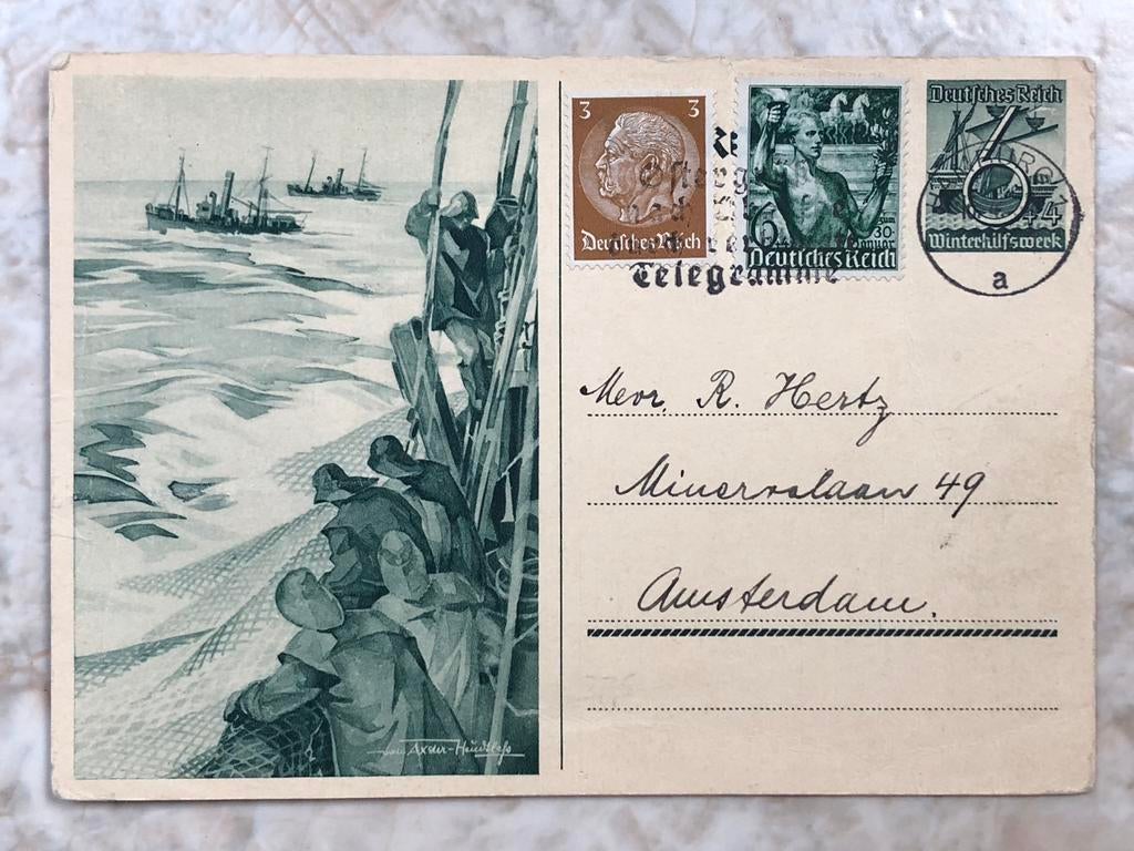 Postkaart, gestempeld Hamburg 16.4.38. Naar Amsterdam., Verzenden, Briefkaart
