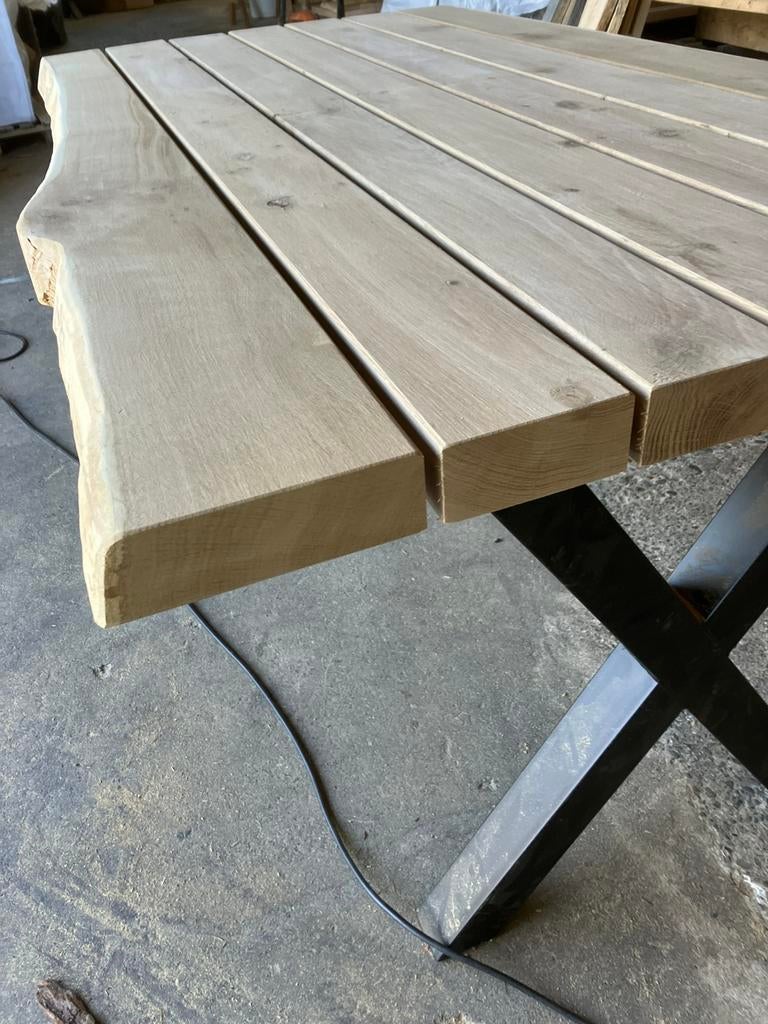 bartafel massief eiken met x poot 2 meter x 100 cm x 7 dik, Ophalen, Zo goed als nieuw, Rond, Hout