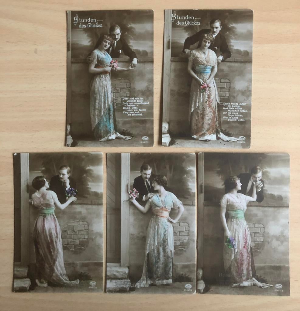 DUITS 5 kleurenkaarten met romantische voorstelling 1917, Verzenden, Voor 1920, Gelopen, Duitsland