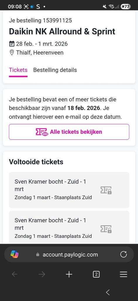 2 tickets daikin nk allround & sprint 1 maart thialf, Twee personen