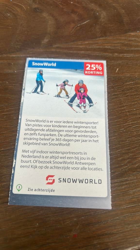 Snowworld 25% korting, Tickets en Kaartjes, Drie personen of meer, Kortingsbon